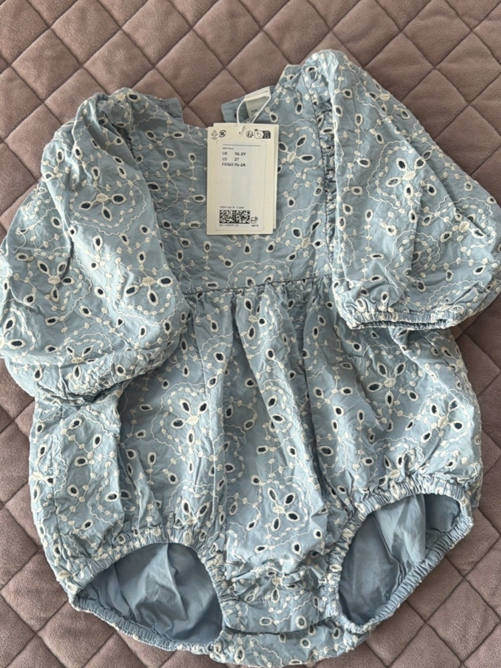 H&M Light Blue Eyelet Puff-Sleeve Romper